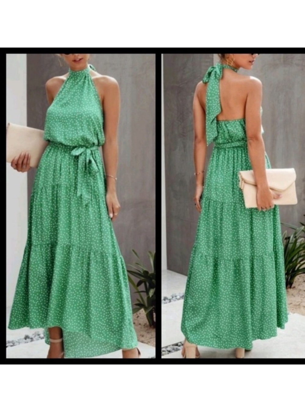 Halter Boho Green Polka Dot Sleeveless Maxi Dress with Tie Waist Medium